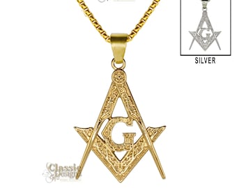 Masonic Master Mason Gold Pendant: Square and Compasses, 24-inch Chain