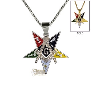 Masonic OES Patron/Past Patron Large 1.5-inch Men Necklace, with 24-inch Silver Stainless Steel Box Chain, Freemasonry Jewelry, Master Mason