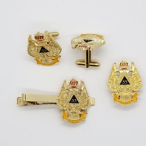 3t Masonic 33rd Scottish Rite Krawattenklammer-Manschettenknopf-Revers-Pin Set, Doppeladler-Flügel, Anzug & Krawatte