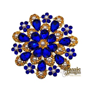 Blue and Gold Crystal Brooch with Pearls, Large 3-inch Rhinestone Brooch, Blue Gold Sorority Rhinestone Flower Brooch, Scarf Brooch Pin