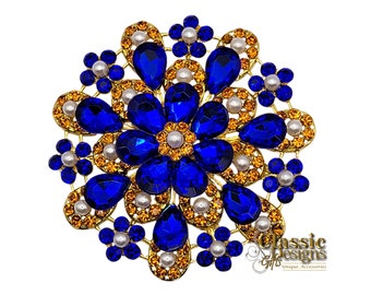 Blue & Gold Crystal Flower Brooch: 3-inch Rhinestone Scarf Pin