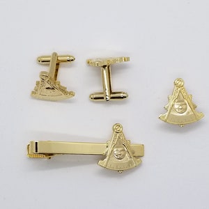 Freemason Masonic Past Master 3pc Tie Clip Cufflinks Lapel Pin Set / Masonic Jewelry Set / Mason Suit Accessories / Mens Gift Set Travel Box