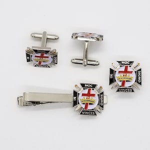 3pc Knights Templar (KT) Mason Tie Clip-Cufflinks-Lapel Pin Set, York Rite Jewelry, Suit & Tie Accessories, Display Gift Case