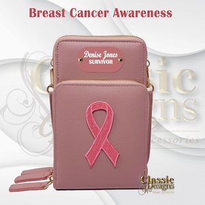 Breast Cancer Awareness Crossbody Cellphone Purse with Pink Ribbon, Pink Mini Handbag with Touch Screen, Cancer Awareness Personalized Bag