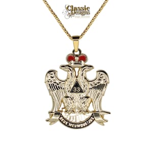 Scottish Rite 33rd Degree Masonic Large 2.0-inch Pendant, Eagle Wings Down, with Gold Tone 24-inch Stainless Steel Box Chain, Freemason