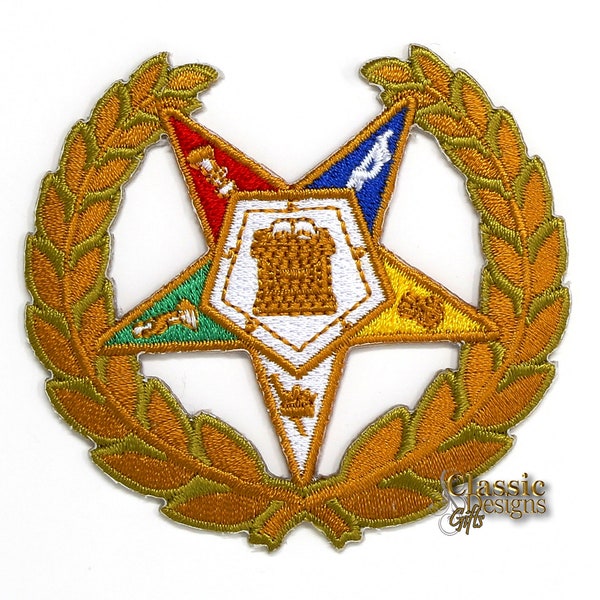 OES Grand Chapter Officer Embroidery Iron On/Sew On Patch, 3” 5-Point Star Pentagon-Point Down, Golden Wreath, OES Order of the Eastern star