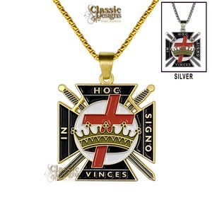Masonic Knights Templar (KT) Mason Large 1.5-inch Mens Necklace, with 24-inch Gold Stainless Steel Box Chain, York Rite Jewelry