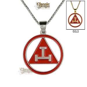 May include: A silver chain necklace with a red and silver pendant featuring a Masonic symbol. The pendant is a circle with a triangle inside, and the letter "I" is in the center of the triangle. The pendant is also available in gold.