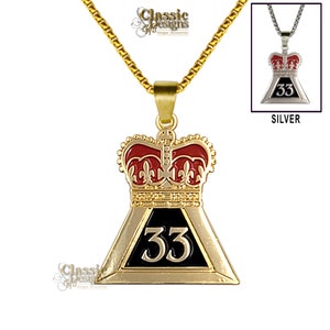 Freimaurer Scottish Rite 33 Grad Krone Große 1,5-Zoll-Herren Halskette mit 24-Zoll-Gold-Edelstahl-Box-Kette, 33 Grad Krone