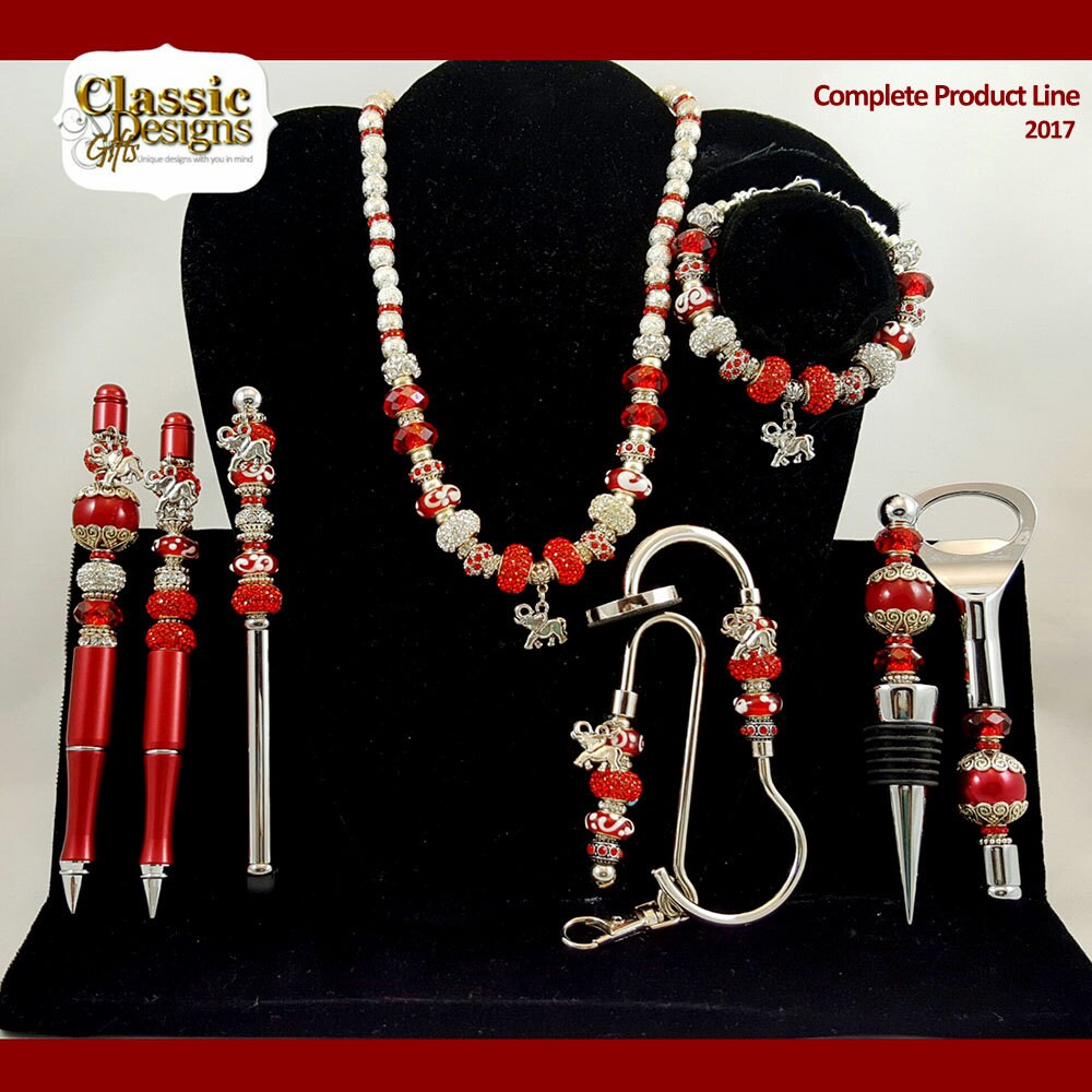 Crimson and Cream Beaded Set with Elephant Charms: Pen Set, Jewelry Set, Purse Jewelry Set, Bar Set-Sorority Greek Paraphernalia Gifts