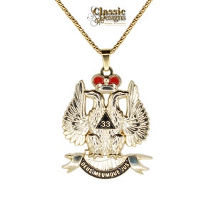 Scottish Rite 33rd Degree Masonic Large 2.0-inch Pendant, Eagle Wings Up, with Gold Tone 24-inch Stainless Steel Box Chain, Freemason