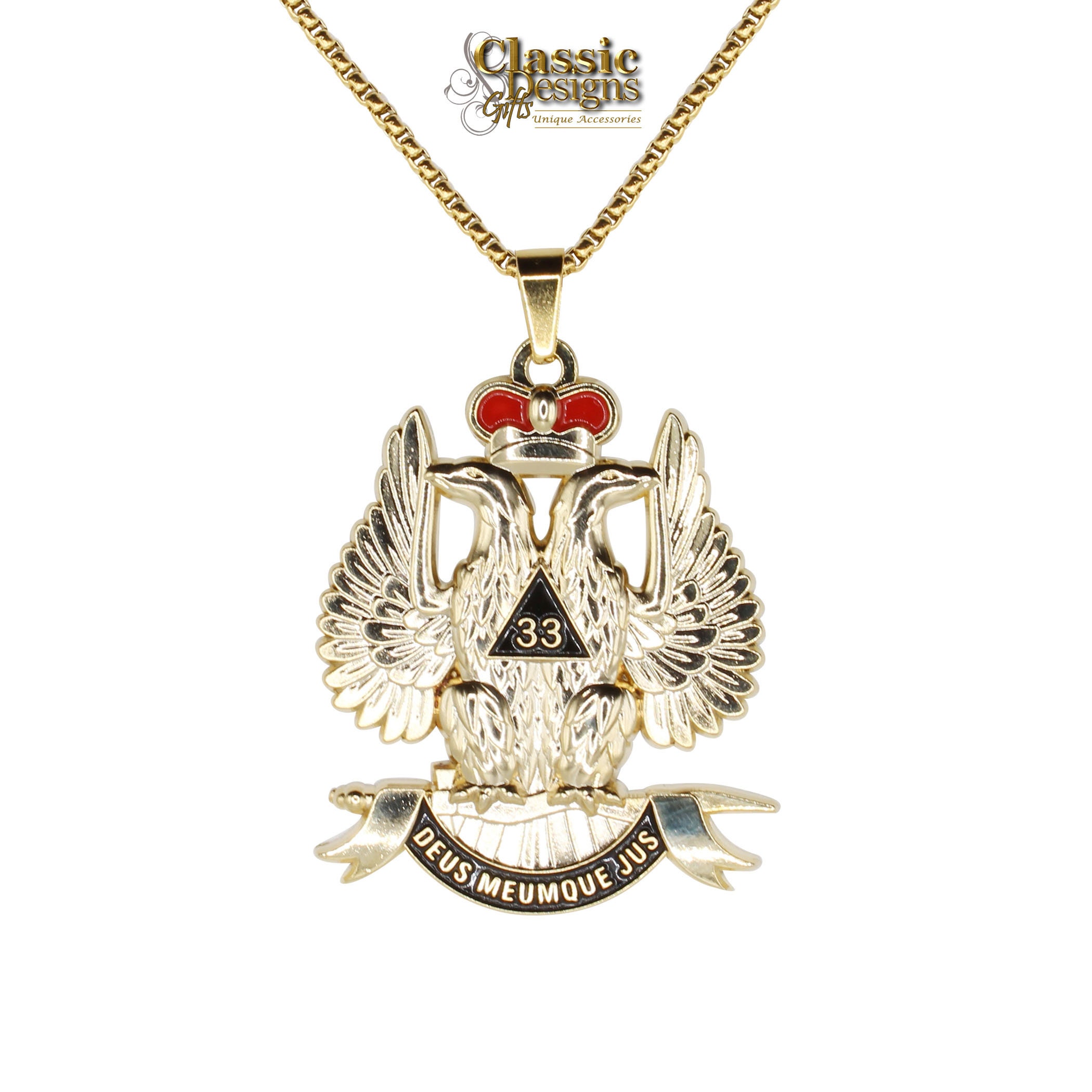Scottish Rite 33rd Degree Masonic Large 2.0-inch Pendant, Eagle Wings Up, with Gold Tone 24-inch Stainless Steel Box Chain, Freemason