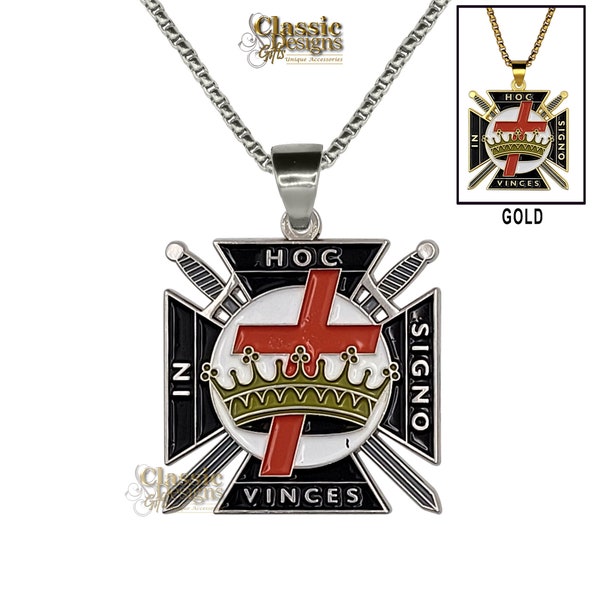 Masonic Knights Templar (KT) Mason Large 1.5-inch Mens Necklace, with 24-inch Silver Stainless Steel Box Chain, York Rite Jewelry