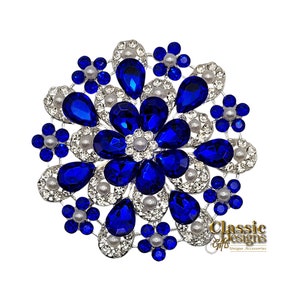 Blue Crystal Flower Brooch with Pearls: 3-inch Rhinestone Scarf Pin