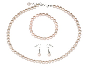 Light Pink Pearl Jewelry Set: Necklace, Bracelet & Earrings