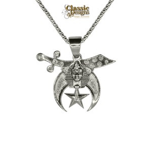 Shriners Stainless Steel Silver Masonic Large 1.25&quot; Pendant with 24-inch 3mm Box Chain, Sword Scimitar Crescent Star Mystic Shrine Jewelry