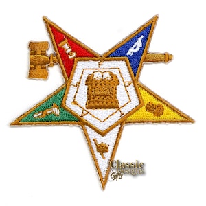 OES-Past Matron Embroidery Iron On/Sew On Patch, 3” 5-Point Star Pentagon-Point DOWN with Gavel, OES, Order of the Eastern star