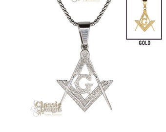 Masonic Master Mason Medium-Large 1.35-inch Pendant, with 24-inch Stainless Steel Box Chain, Freemasonry Jewelry, Square and Compasses