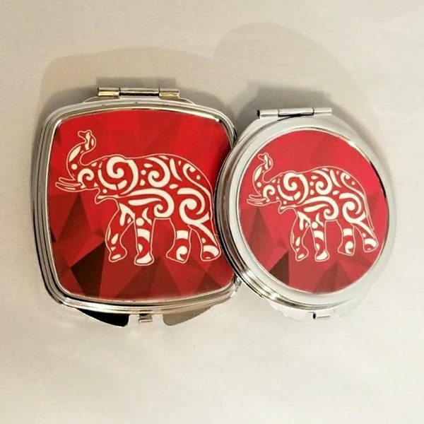Crimson and Cream Compact Mirrors with Elephant, Personalized Compact Hand Mirrors, Bridesmade Gifts, Unique Gifts