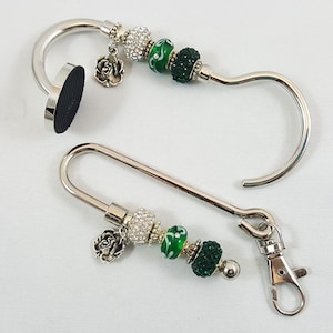 Green and White Beaded Purse Key Finder & Hook Hanger Set, Rose Charms, Purse Jewelry, Membership Paraphernalia, Volunteer Appreciation Gift