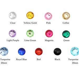 May include: Assortment of 20mm round rhinestones in various colors, including clear, yellow, gold, pink, coffee, light purple, lime green, magenta, green, turquoise, royal blue, red, black, and turquoise blue.