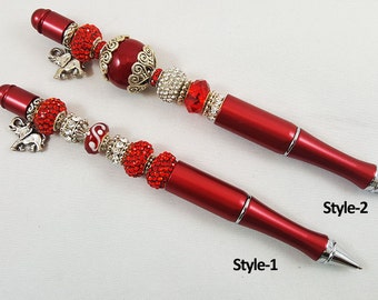 Crimson Rhinestone Beaded Pen: Elephant Charm, Sorority Gift