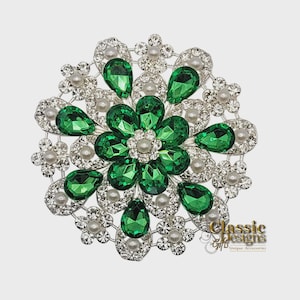 Broche de cristal verde esmeralda: flor de perla con diamantes de imitación, 3 pulgadas