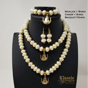 Daughters: DOI 3pc Pearl Set 18&quot; Necklace or 14&quot; Choker w/Bracelet and Earrings, Egyptian Goddess Charm, Shriners Ladies, Customizable