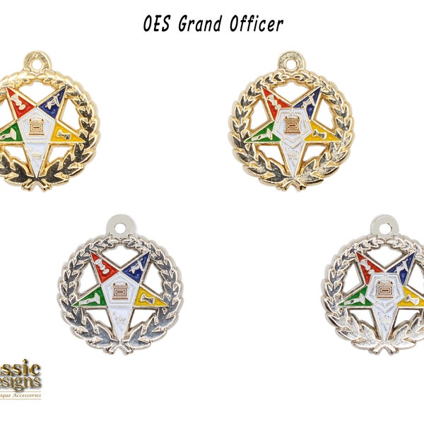 OES Grand Chapter Officer Charms with Wreath, Order of the Eastern Star 5-Star Point Colors in Silver and Gold Tone-Altar-Pentagon Up & Down