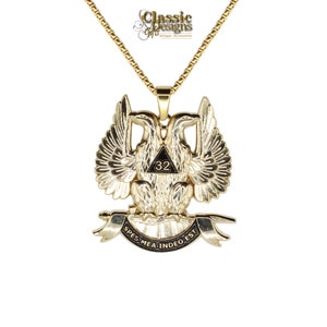 Scottish Rite 32 Grad Masonic Großer 2,0-Zoll-Anhänger, Adlerflügel nach oben, mit goldfarbener 24-Zoll-Edelstahlkette, Freemason