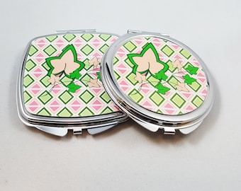 Pink and Green Compact Mirrors with Ivy Leaf, Personalized Compact Hand Mirrors, Bridesmade Gifts, Unique Gifts