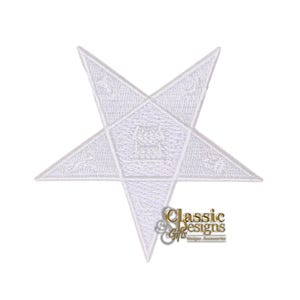 May include: A white embroidered patch in the shape of a five-pointed star, featuring intricate stitched details within each point and a central emblem. The logo for Classic Designs Gifts is visible in the lower right corner of the image.