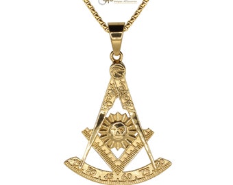 Masonic Past Master Quadrant Large 1.8-inch Pendant, with 24-inch Stainless Steel Box Chain, Freemasonry Jewelry, Compass Sun and Protractor