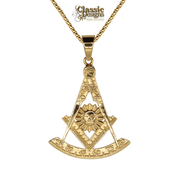 Masonic Past Master Quadrant Large 1.8-inch Pendant, with 24-inch Stainless Steel Box Chain, Freemasonry Jewelry, Compass Sun and Protractor