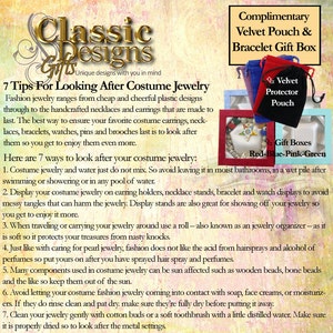 May include: Seven tips for caring for costume jewelry, including how to store, clean, and protect it from water and harsh chemicals. The image also shows a velvet pouch and gift boxes in red, blue, pink, and green.