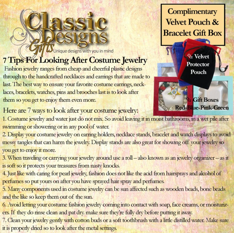 May include: Seven tips for caring for costume jewelry, including how to store, clean, and protect it from water and harsh chemicals. The image also shows a velvet pouch and gift boxes in red, blue, pink, and green.