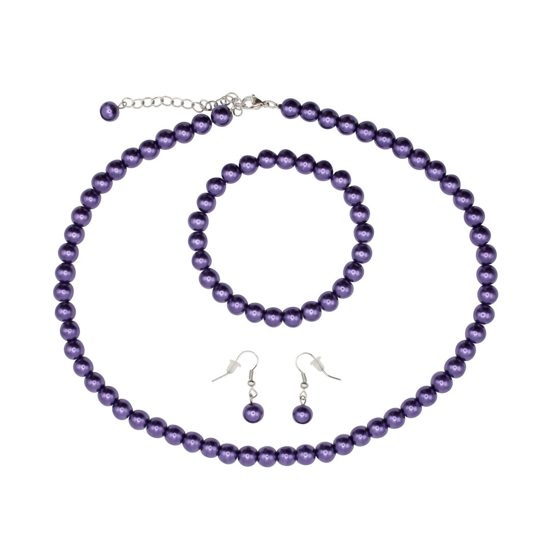 Pearl Set Necklace Bracelet Earrings Sets, Purple Classy 3pc Pearl Set
