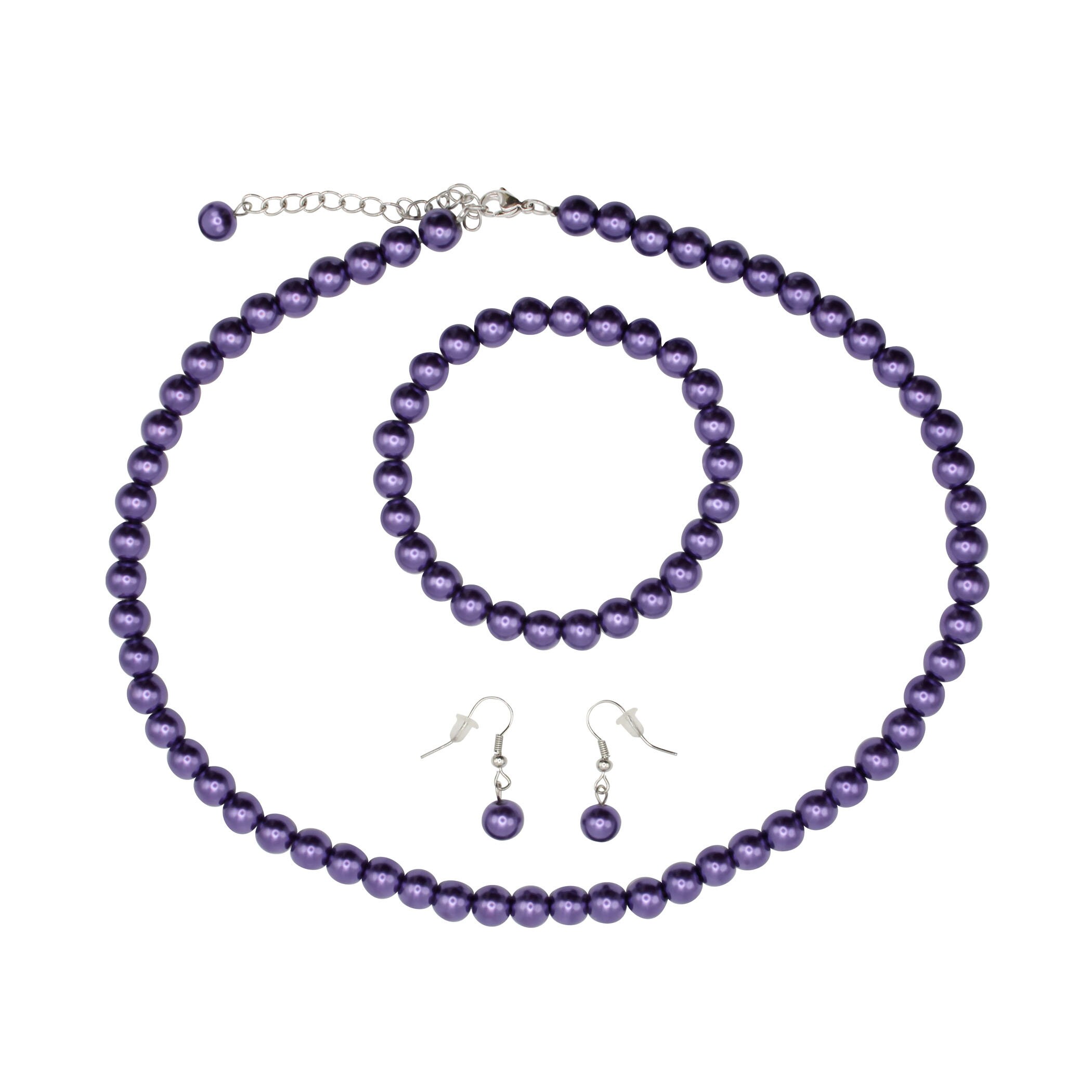 Parure De Bijoux Déferlante De Perles - Collier Et Boucles D'Oreilles Violet - Neuf