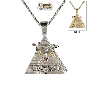 Shriners Past Potentate Stainless Steel Silver Masonic Large 1.5&quot; Pendant, 24-inch 3mm Box Chain, Pyramid Scimitar Crescent Star