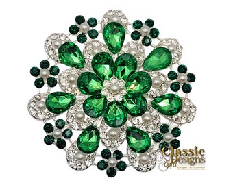 Emerald Green Crystal Flower Brooch: Rhinestone & Pearl Pin (3-inch)