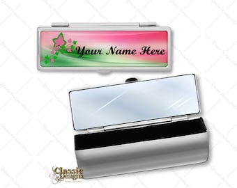 Personalized Lipstick Case Mirror: Pink, Green, and Ivy Leaf Design