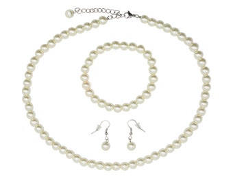 Ivory Pearl Jewelry Set: Necklace, Bracelet & Dangle Earrings