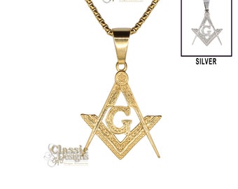 Masonic Master Mason Medium-Large 1.35-inch Gold Pendant, with 24-inch Stainless Steel Box Chain, Freemasonry Jewelry, Square and Compasses