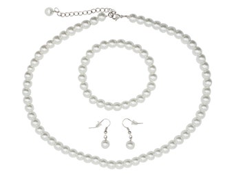 White Pearl Jewelry Set: Necklace, Bracelet & Dangle Earrings