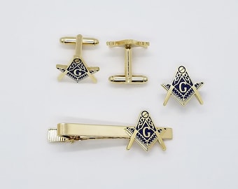 Freemason Masonic Mason 3pc Tie Clip Cufflinks Lapel Pin Set / Gold Masonic Jewelry Set / Mason Suit Accessories / Mens Gift Set Travel Box