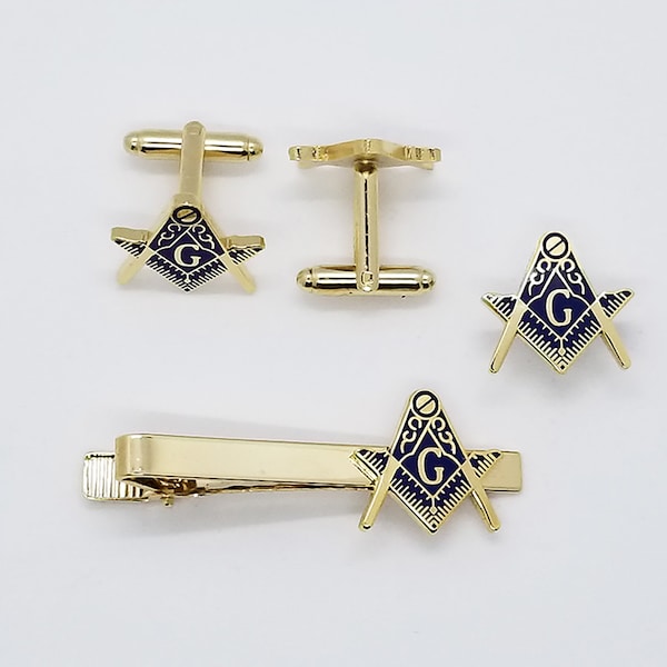 Freemason Masonic Mason 3pc Tie Clip Cufflinks Lapel Pin Set / Gold Masonic Jewelry Set / Mason Suit Accessories / Mens Gift Set Travel Box