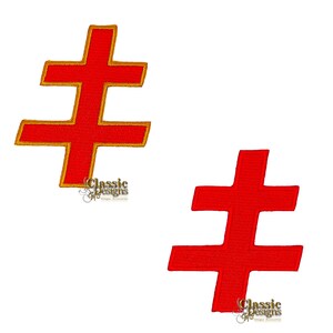 May include: Two red embroidered crosses with a double bar design. One cross has gold trim, and the other is plain. The crosses are on a white background. The text "Classic Designs Unique Accessories" is at the bottom.
