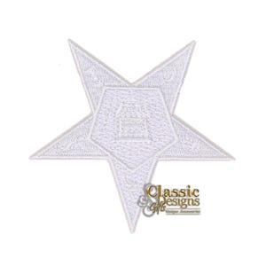 May include: A white embroidered patch in the shape of a five-pointed star. The center features a pentagonal design with intricate stitching, and each point of the star contains subtle embroidered symbols. The patch has a clean, white thread finish.