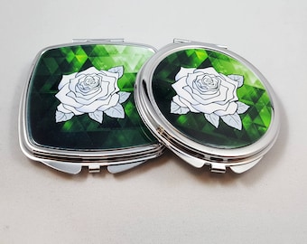 Green and White Compact Mirrors with White Rose, Personalized Compact Hand Mirrors, Bridesmaid Gifts, Unique Gifts