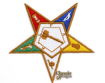 May include: An embroidered patch in the shape of a five-pointed star with a white center. The star is divided into five sections, each with a different color and symbol: red with a trowel, blue with a dove, green with a plumb, yellow with a level, and white with a gavel.